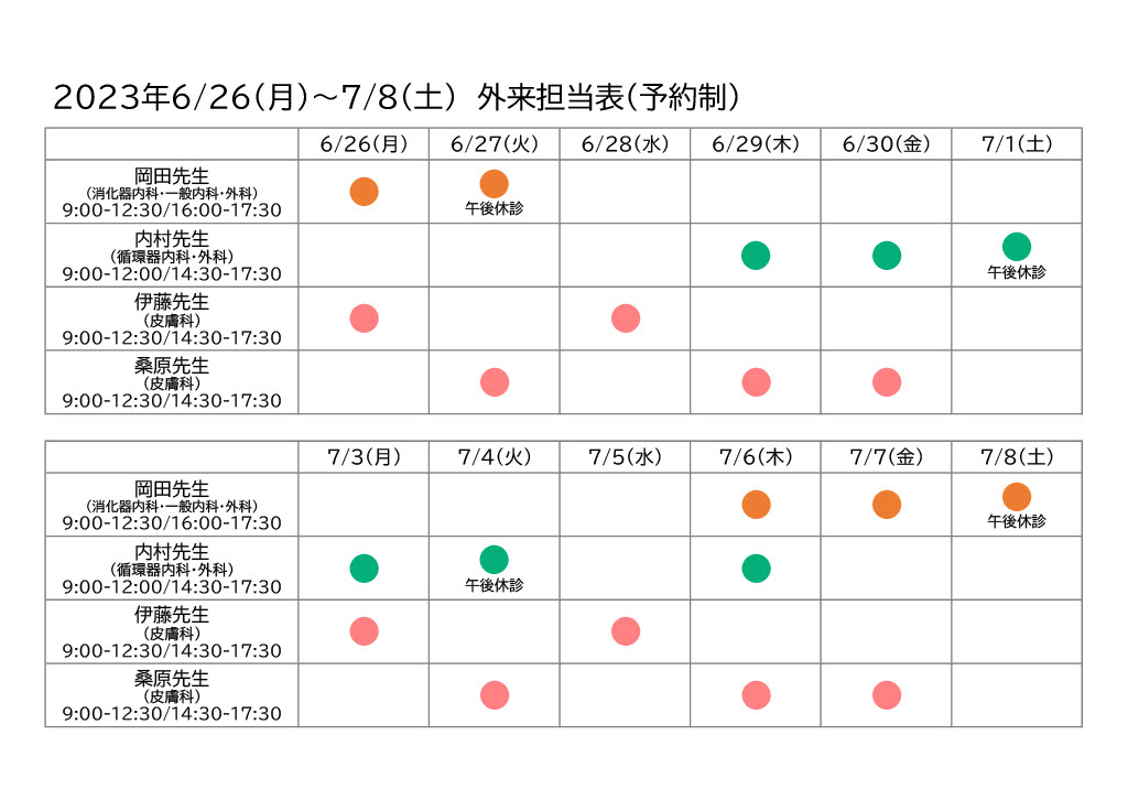 2023年6月26～７月8日外来担当表